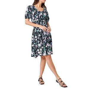 Roman Womens Large Black Pink Green Floral Short Sleeve Round Neck Shirred Dress